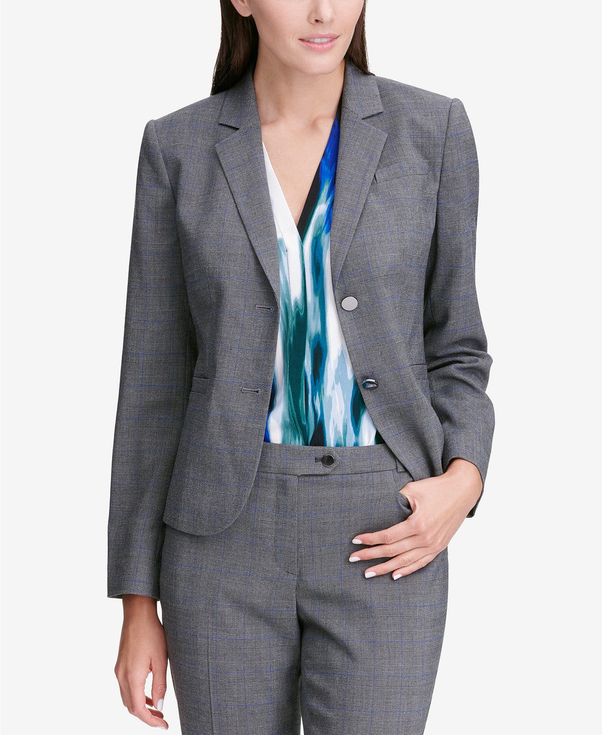 Calvin Klein Women s Glen Plaid Two Button Jacket Silver Size 14 by St PROOZY