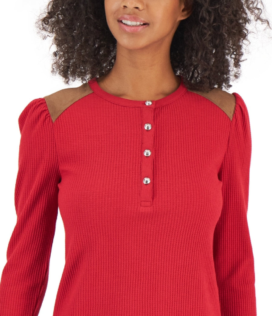 Tommy Hilfiger Women's Faux Suede Trim Henley Top Red by Steals