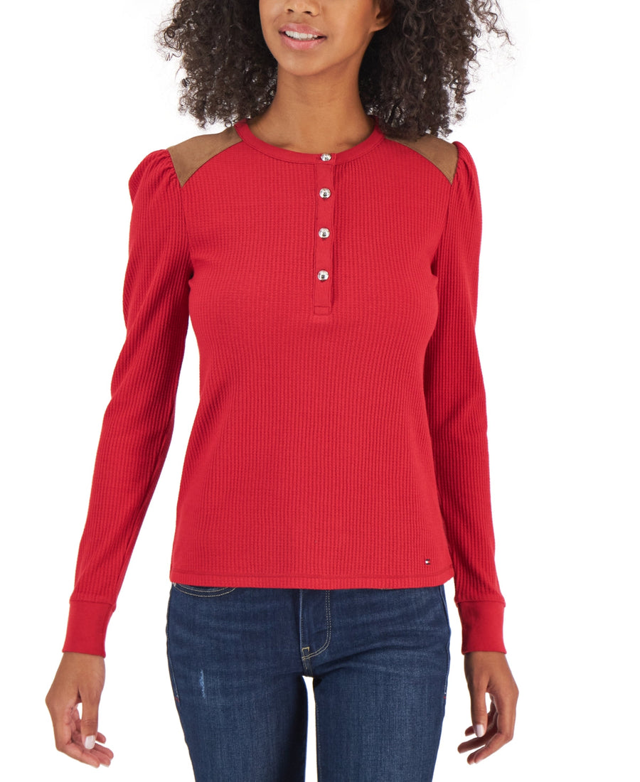 Tommy Hilfiger Women's Faux Suede Trim Henley Top Red by Steals