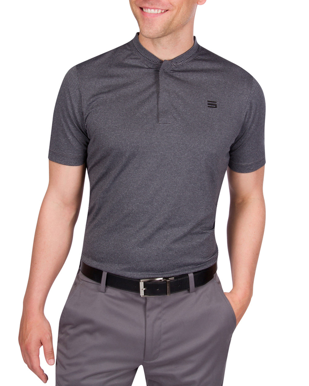 Three Sixty Six Men's Thin-Striped Collarless Golf Polos