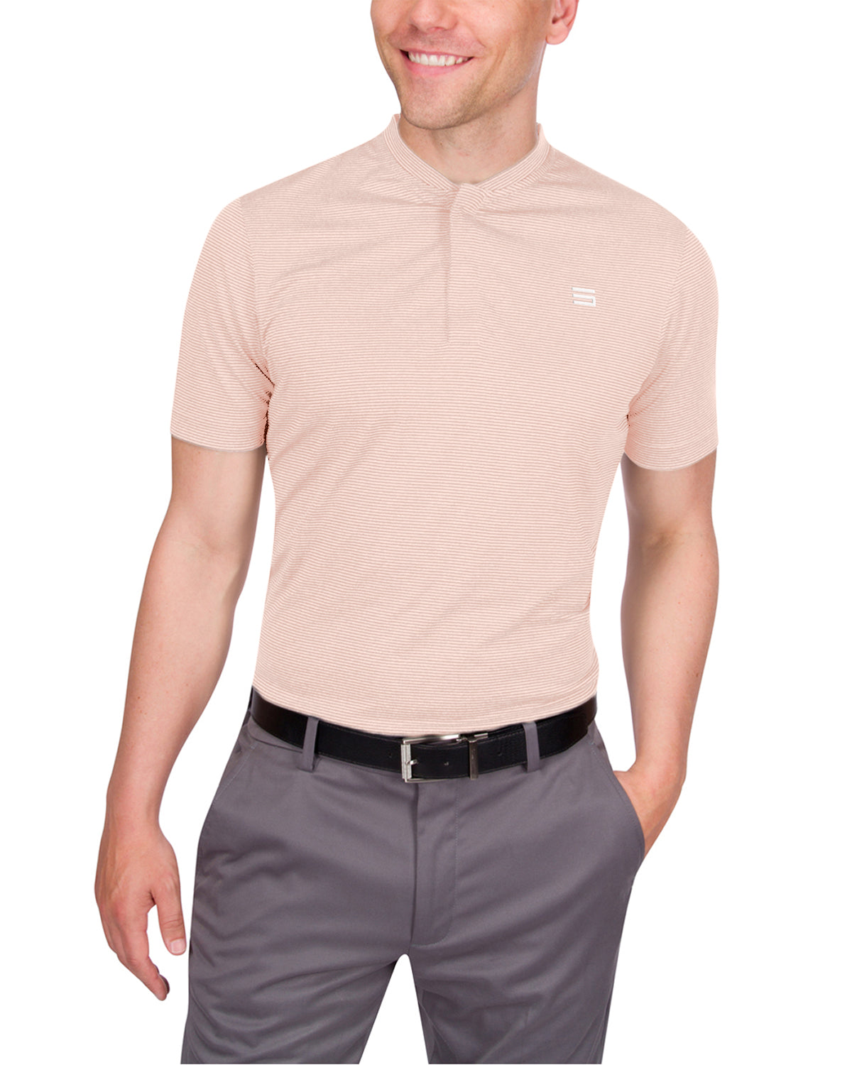 Three Sixty Six Men's Thin-Striped Collarless Golf Polos