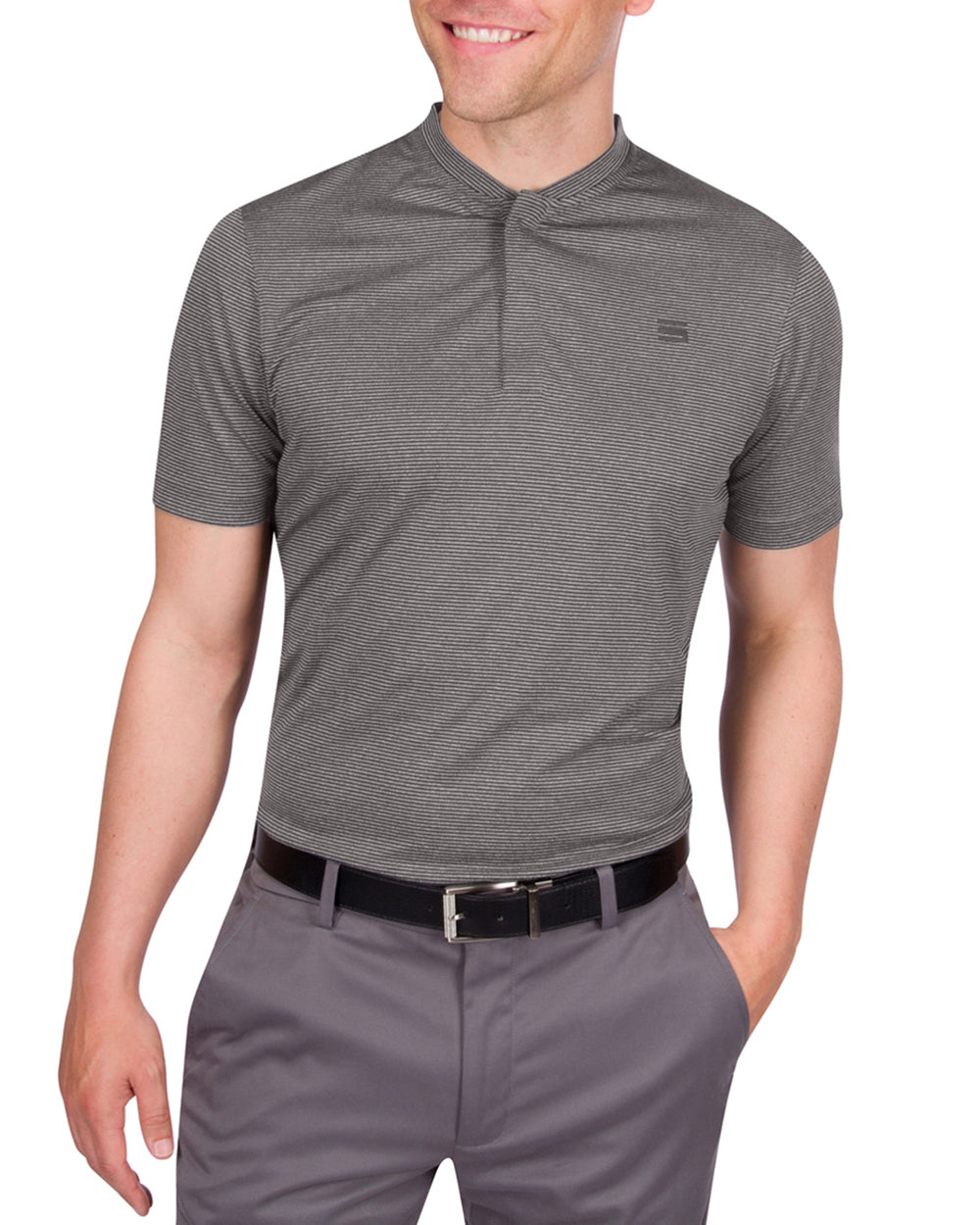 Three Sixty Six Men's Thin-Striped Collarless Golf Polos